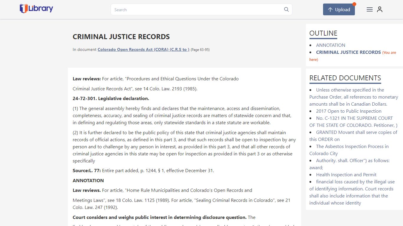 CRIMINAL JUSTICE RECORDS - Colorado Open Records Act (CORA) (C.R.S to )