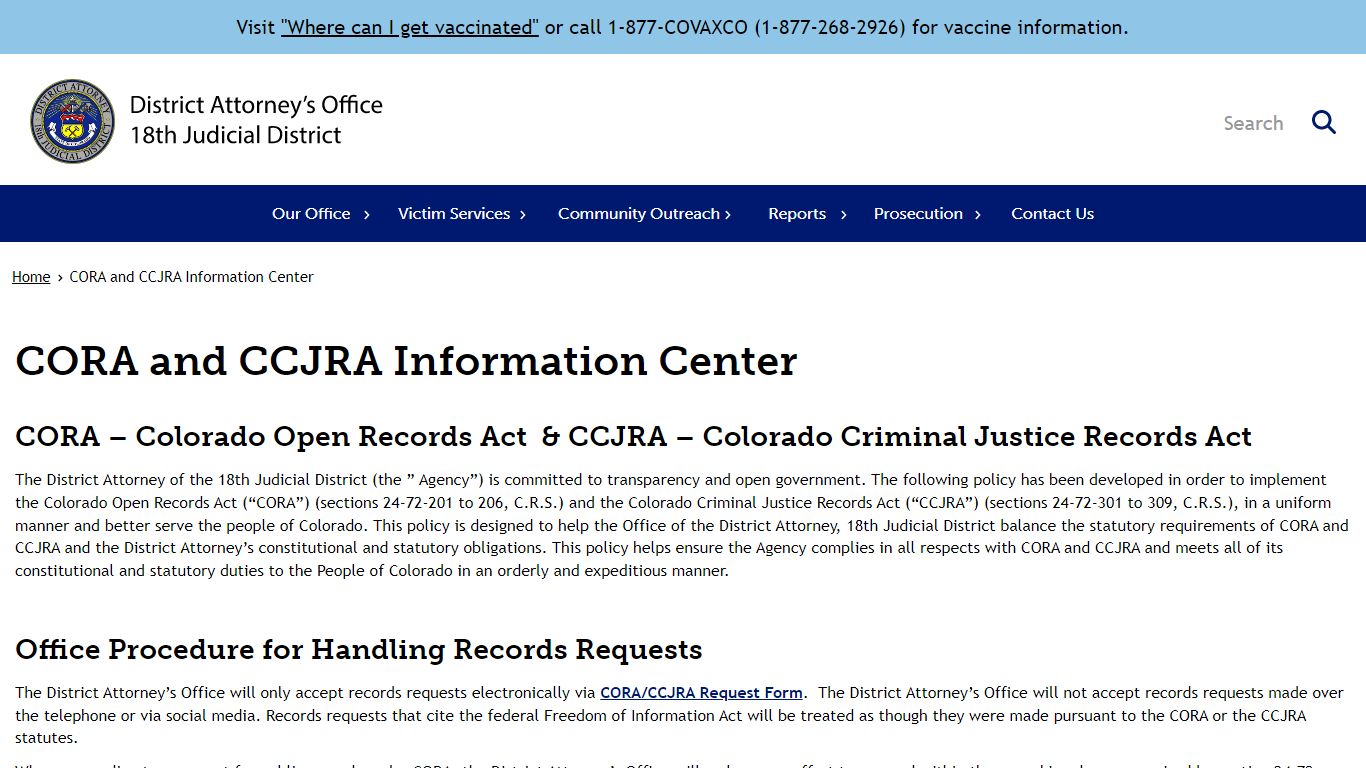 CORA and CCJRA Information Center - 18th Judicial District