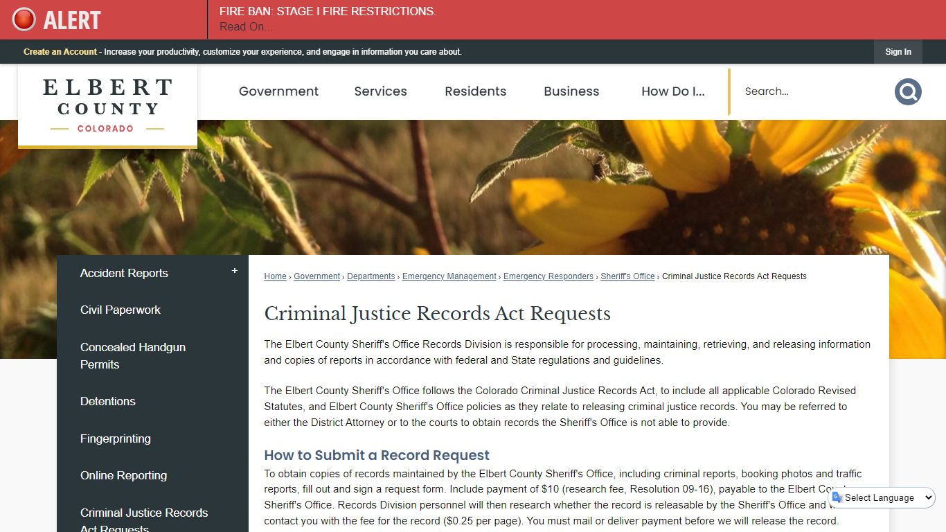 Criminal Justice Records Act Requests | Elbert County, CO